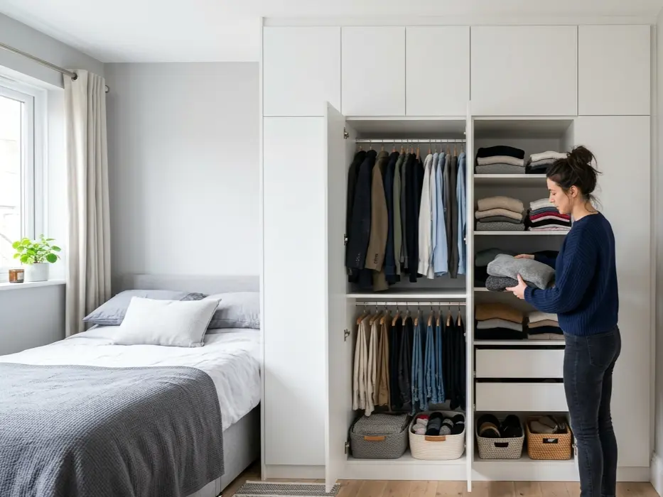 FI bedroom view of young woman folding clothes in front of open Best Fitted Wardrobes for Small Bedrooms